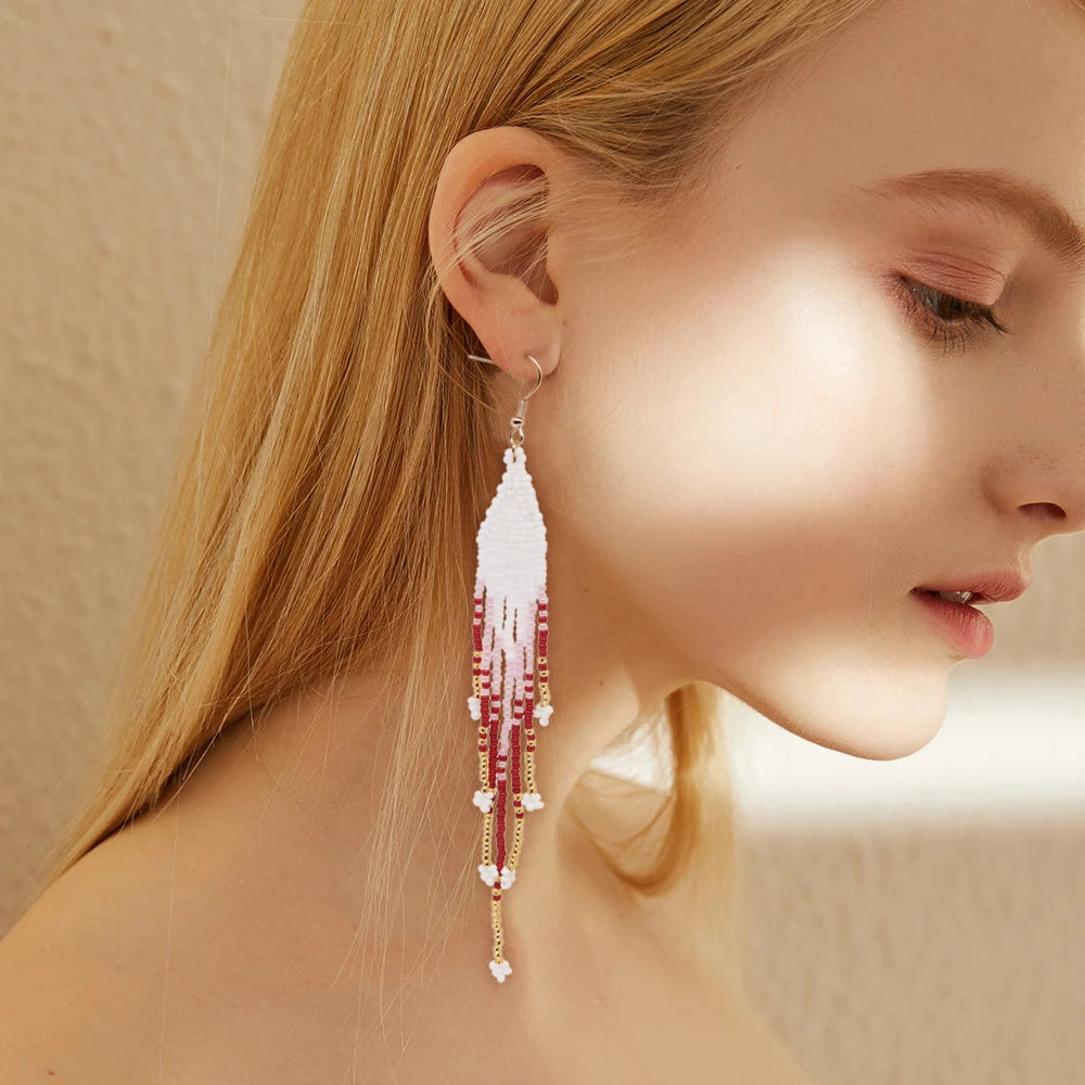 Go2Boho Bohemian Summer Colorful MGB Beaded Earring Hook Handmade Drop Long Feather Tassel Fashion Jewelry Earrings for Women