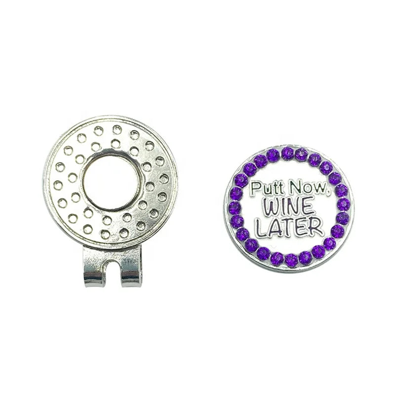 Bling Putt Now Golf Ball Marker Hat Clip Set Perfect Iron Gift for Men and Women 'Putt Now Wine Later' Design