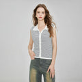 Women's Button Cardigan Striped Knit POLO Shirt Sweater Notch Collar Lapel Sleeveless Knitted Vest Pullover Sweater