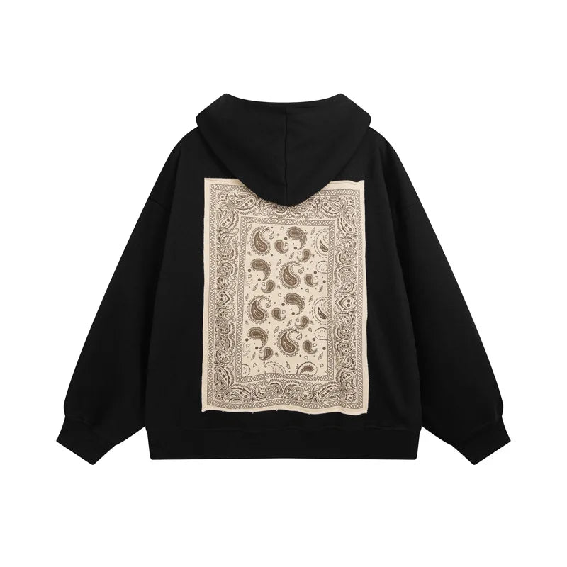 Customized High-Quality 100% Cotton Retro Cashew Nut Paste Cloth Print Hoodie Men's Hip Hop Loose Couple Cardigan Coat Hoodie