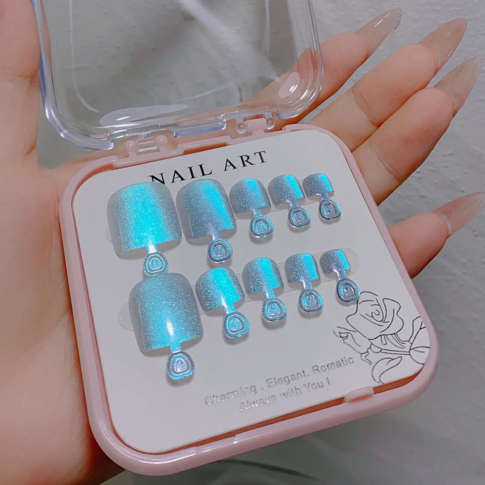 10pcs/Box New Shiny Cat Eye Design Coffin Press Full Cover Abs Full Cover Ins Artificial Fingernails Valentine's Day Collection