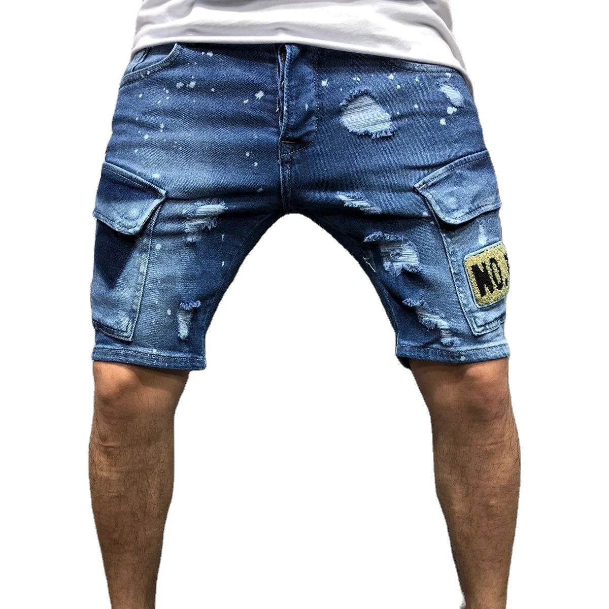Multi-Pocket Hole Design Men's Straight Blue Jeans Summer High Street Light Wash Stretch