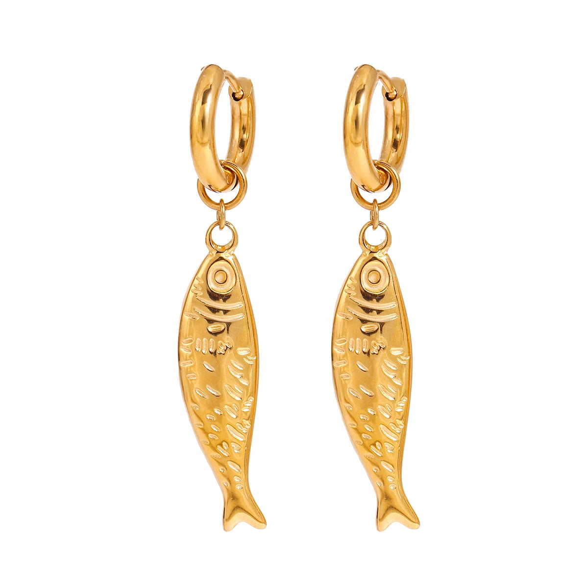 J&D 18K Gold Plated Stainless Steel Hoop Earrings Ocean Fish Drop Design Waterproof Geometric Pattern for Holiday Beach