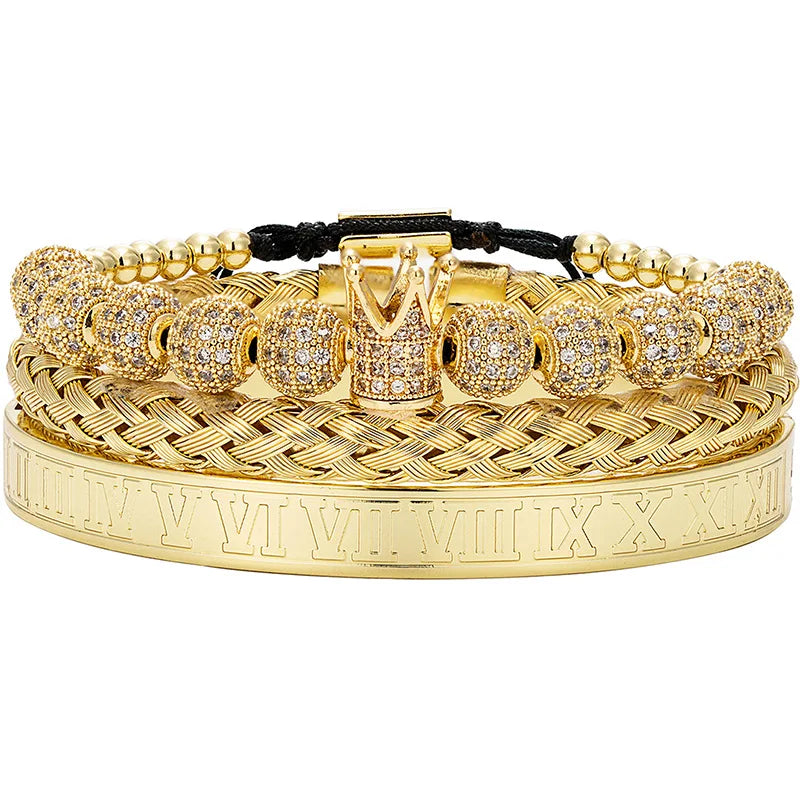 New Trendy 18K Gold Plated Micro Pave Crown Ball Romal Number Bracelet Fashion Stainless Steel Cuff Bracelets for Women and Men