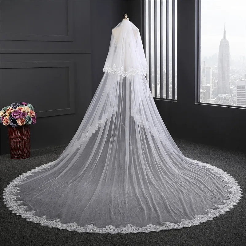ROMANTIC Women Bride Lace Appliques Long 2 Layer Cathedral Ivory Wedding Veil