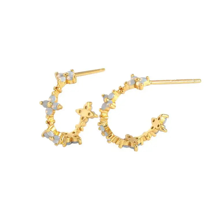 Trendy Spring Summer 925 Sterling Silver Hoop Earrings for Girls Gold Plated C Shaped CZ Four Leaf Animal Weddings Parties