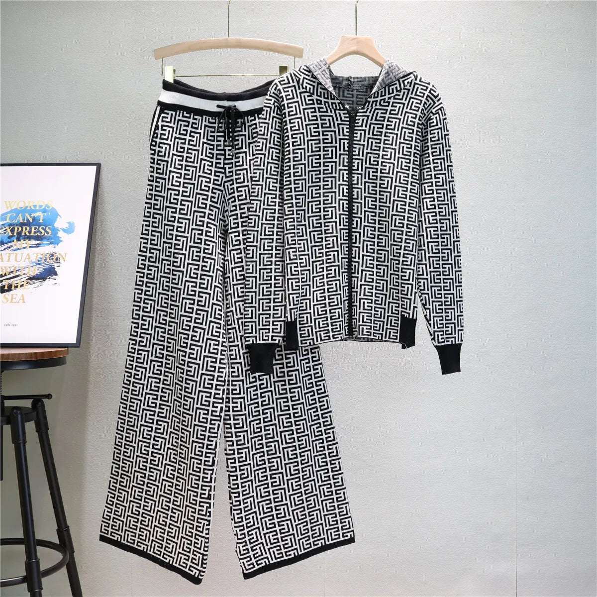 Europe and the United States Hooded Jacket Wide-legged Pants Two-piece Female Spring Knitted Sweater Two-piece Set