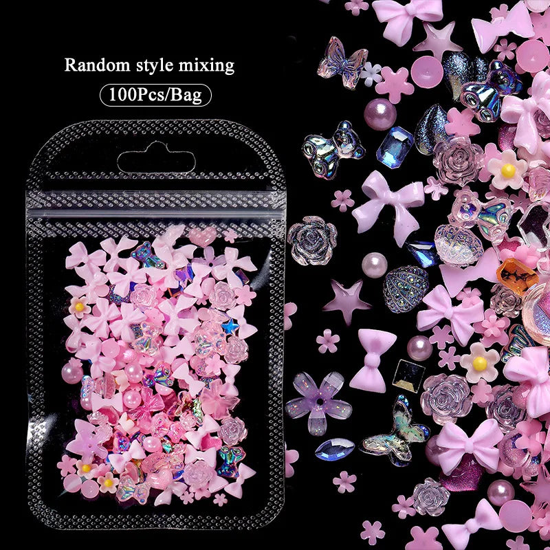 100Pcs/bag 3D Heart Bear Bow Ribbon Nail Rhinestone Flower Butterfly Pearl Nail Art Charms Jewelry Nail Decoration Supplies