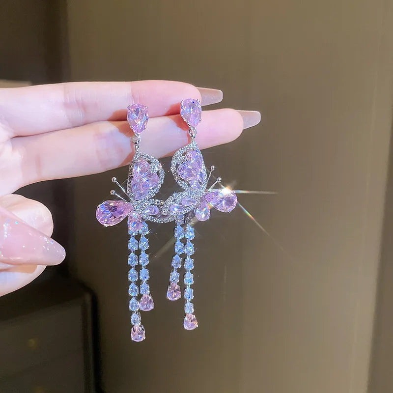 Delicate Silver Plated Crystal CZ Butterfly Dangle Earrings Micro Pave Cubic Zirconia Pink Tassel Women's Pearl Main Jewelry