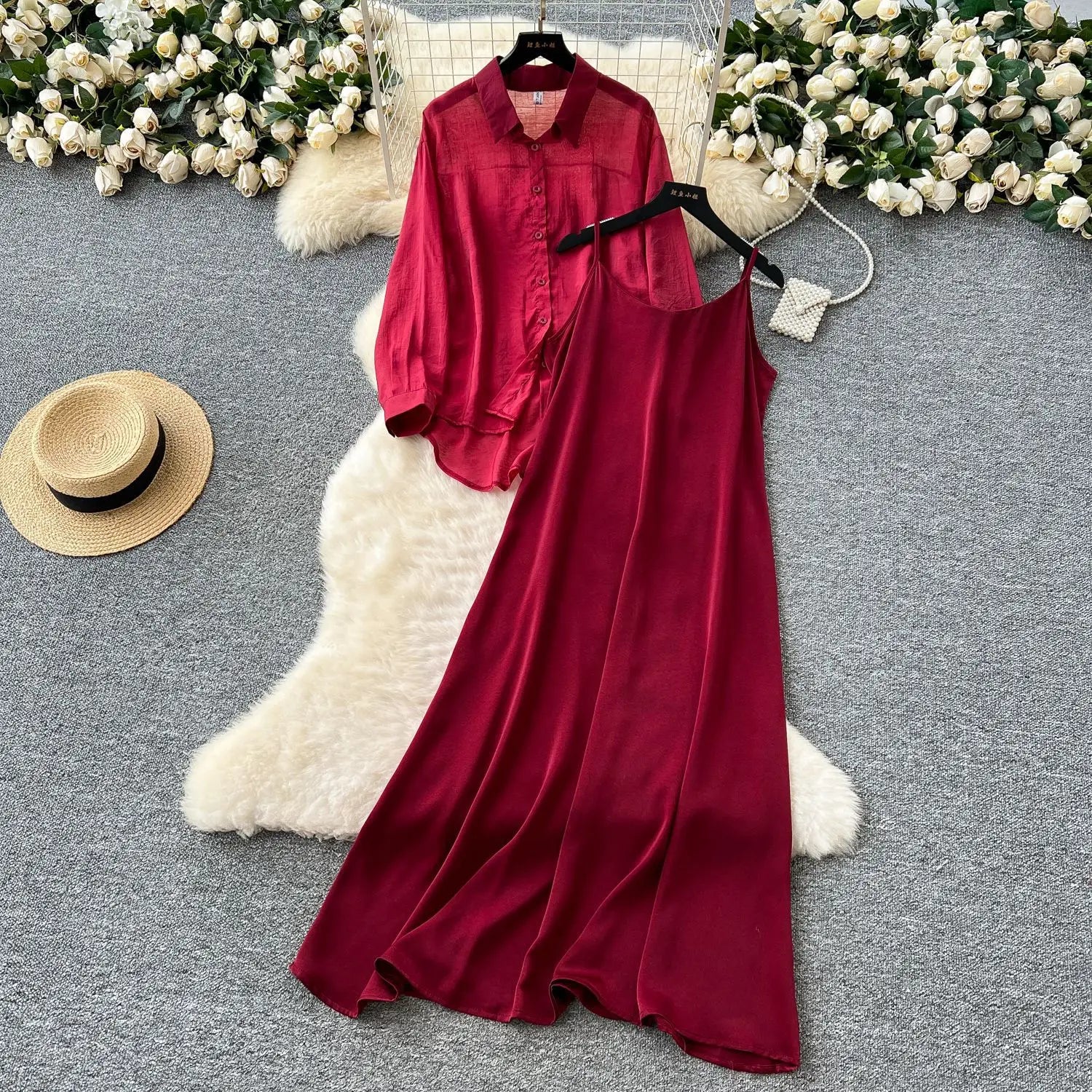 Women's Two-piece Set Lazy Outside with a Thin Loose Long-sleeved Sunscreen Jacket + Halter Dress