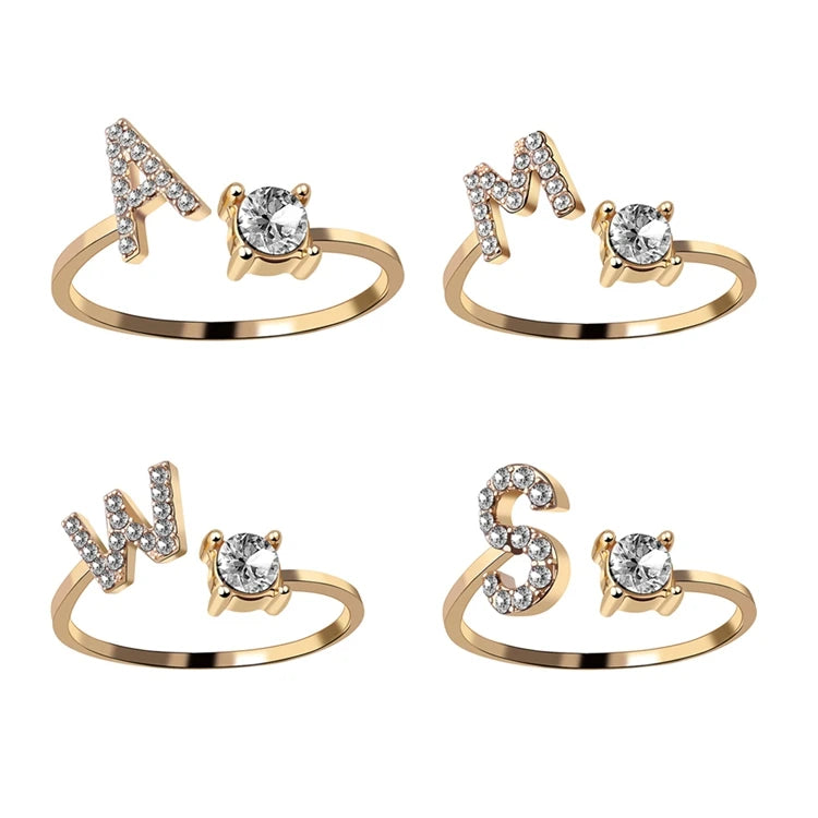 Hot Gold Plated Girls Finger Jewelry Personalized Adjustable Zircon Open 26 Letters Alphabet Initials Rings for Women