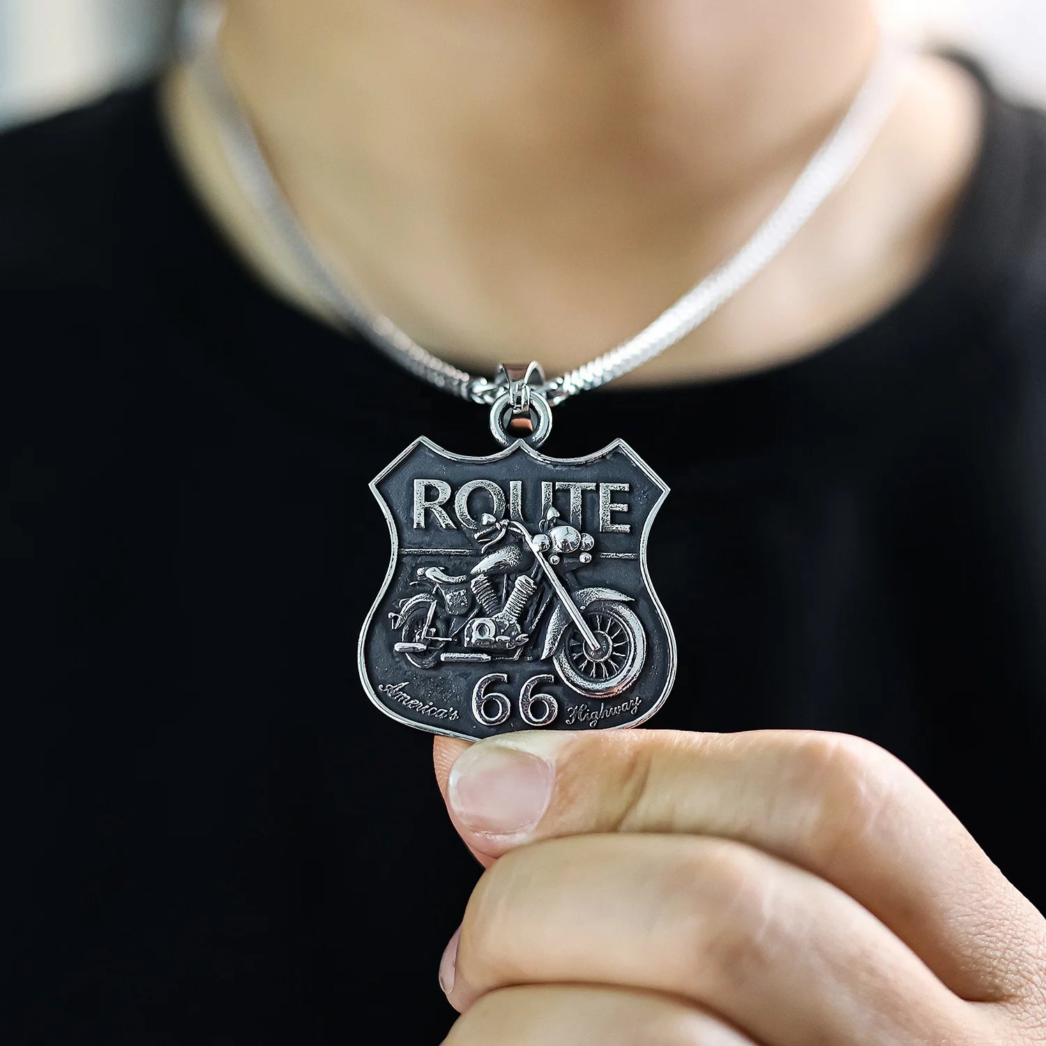 Ready to Ship Biker Jewelry Vintage 316 Stainless Steel Mother Road USA Highway Route 66 Pendants Necklace for Men