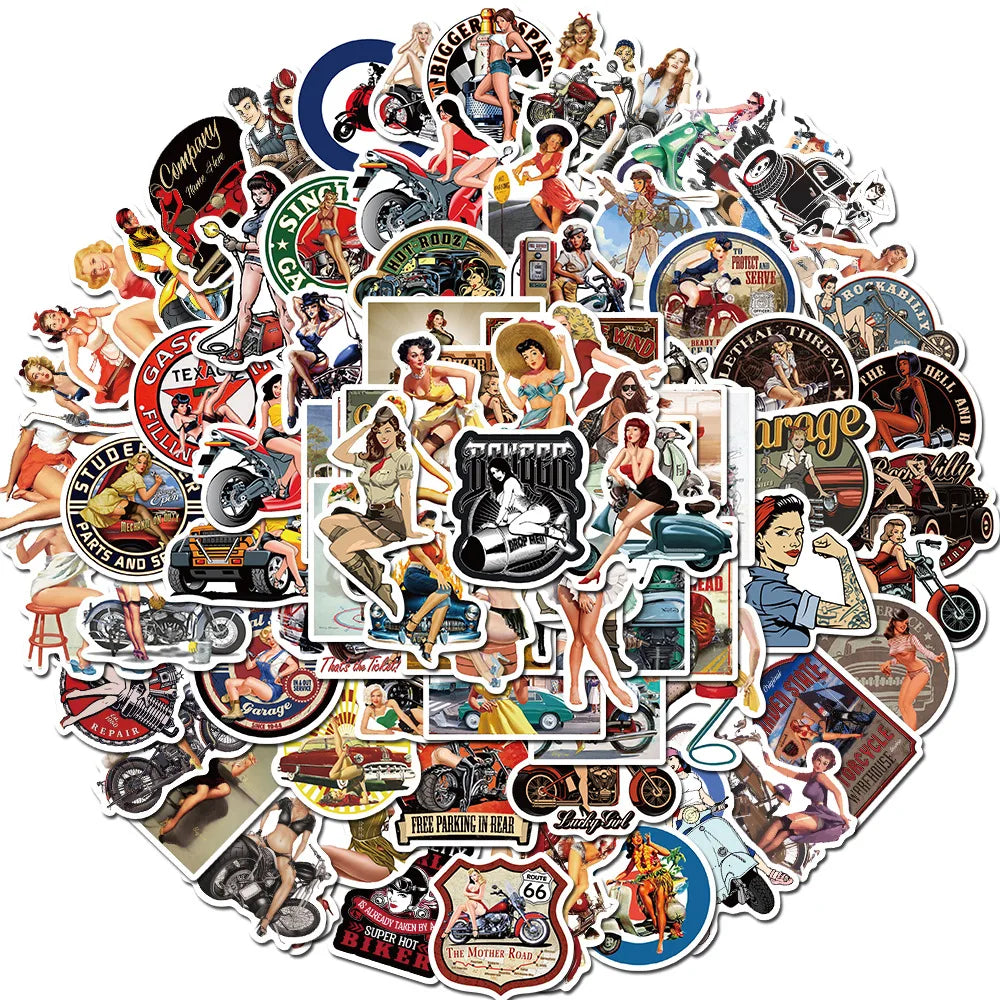 100Pcs Motorcycle Retro Girls Graffiti Stickers Decorative Label for Luggage Laptop Motorcycle Notebook PVC Waterproof Sticker