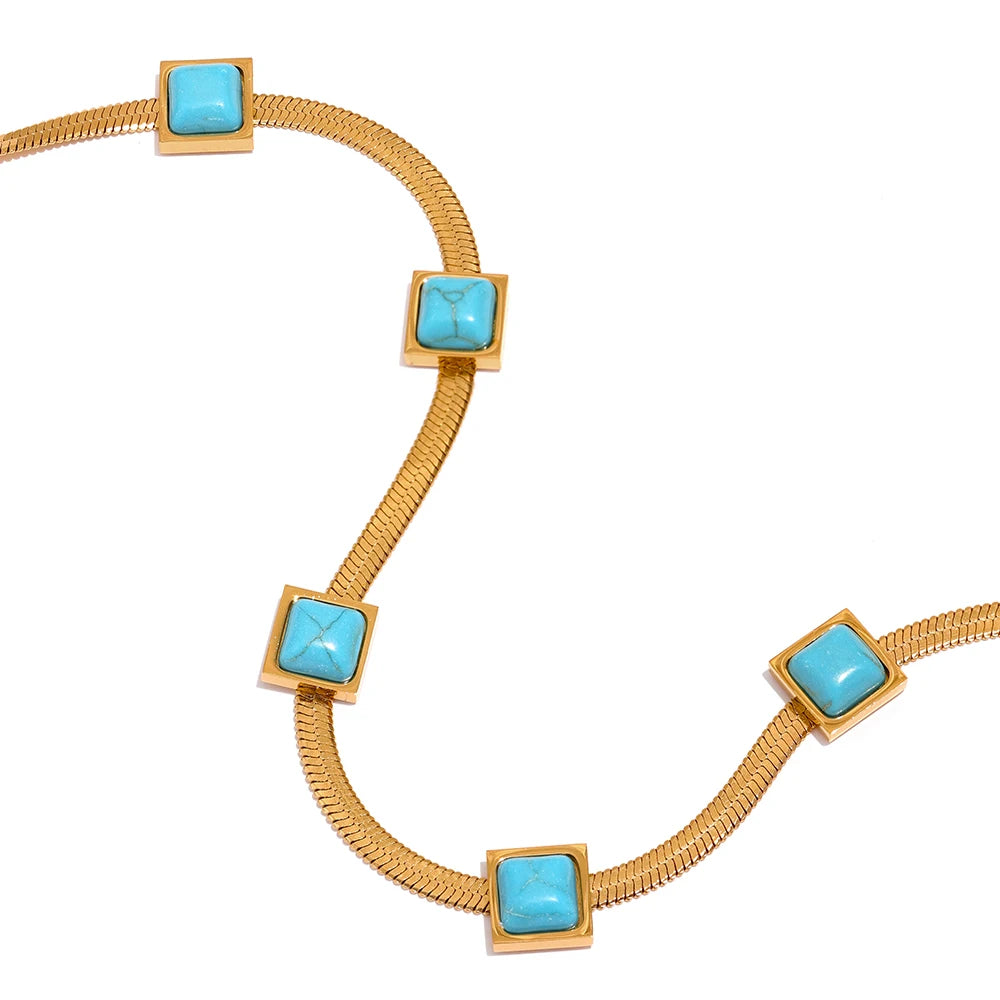 JINYOU 380 Blue Wholesale Turquoise Flat Snake Chain Necklace Stainless Steel Gold Collar Necklace Trendy Summer Jewelry Women