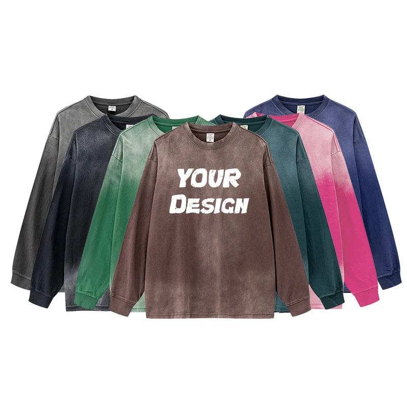Autumn Winter Loose Custom Crewneck Sweatshirt Retro Gradient Vintage Washed Long Sleeve 100% Cotton Streetwear Men's T Shirt