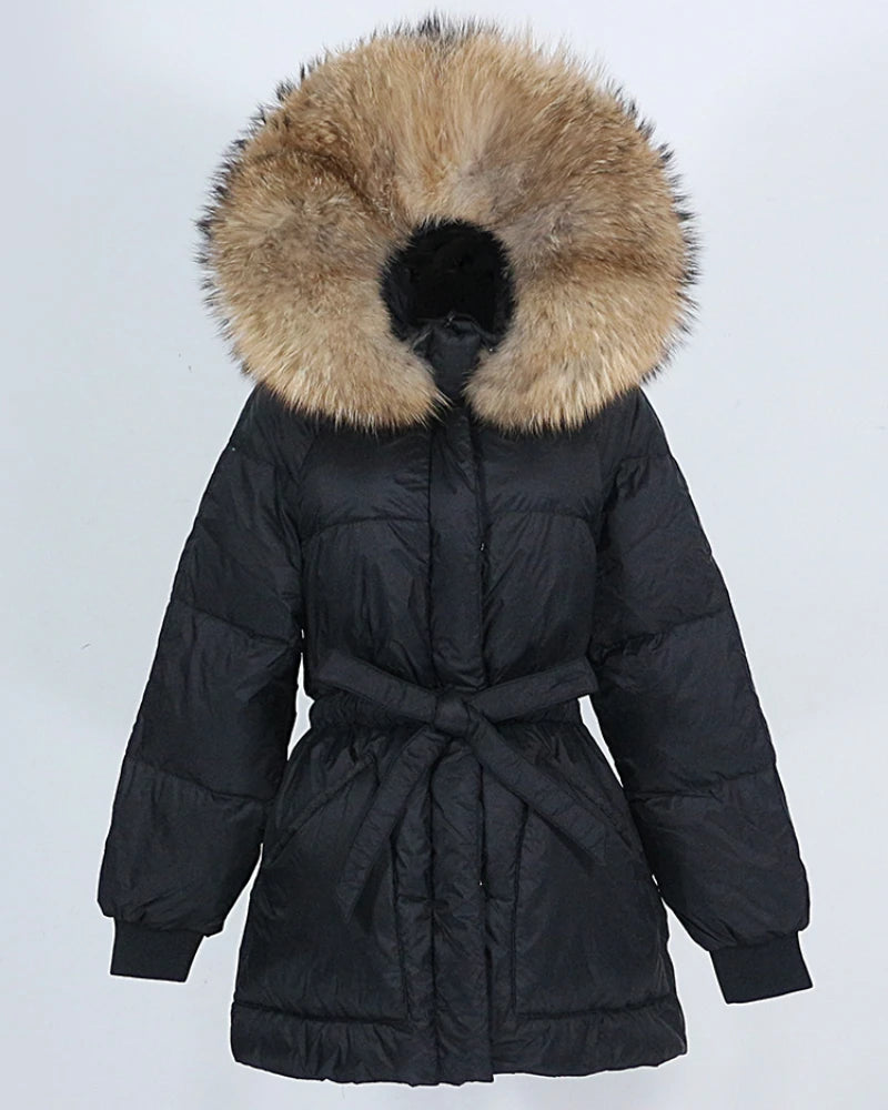 OFTBUY 2023 Women's White Duck Jacket Thick Warm Long Winter Coat with Raccoon Fox Fur Hood Belts New Real Natural Outerwear