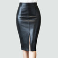 Women Black PU Leather Midi Skirt Autumn Spring Ladies Package Hip Front or Back Slit Pencil Skirt