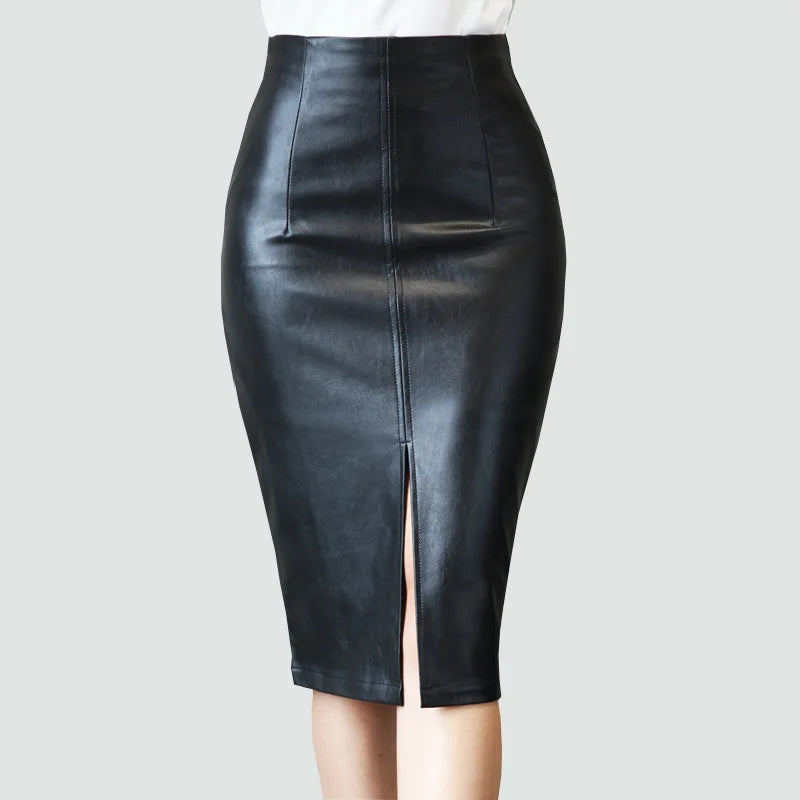 Women Black PU Leather Midi Skirt Autumn Spring Ladies Package Hip Front or Back Slit Pencil Skirt