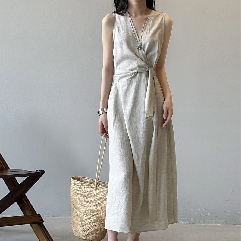 Custom Sleeveless V Neck Tight Waist Back Tie Drawstring Dress Linen Cotton A-Line Maxi Dress Women's Elegant Skirts