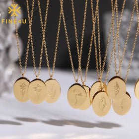 Custom Personalized Women Jewelry 18K Gold Plated Stainless Steel Oval Birth Flower Pendant Necklace