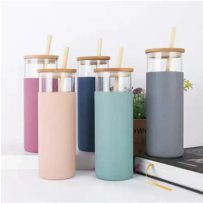 Customized 20oz Glass Tumbler with Bamboo Lid and Straw Water Bottle With Silicone Protective Sleeve Dishwasher SafeBPA Free
