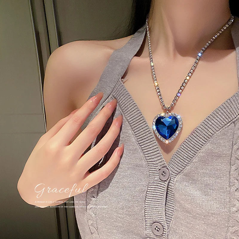 Simple Titanic Heart of Ocean Blue Heart Crystal Necklaces for Women Long Chain Pendant Necklaces Statement Jewelry