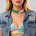 Green and Pink Color Spliced Water Drop Shaped Crystal Choker Necklace for Women Trendy Short Collar Accessories Fashion Jewelry