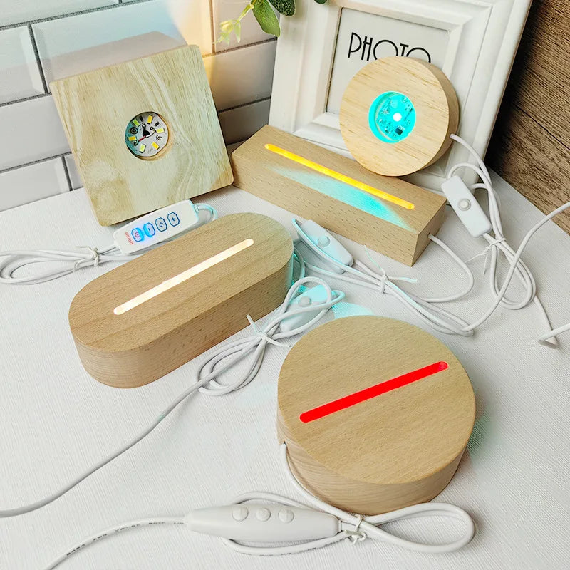 2023 Creative Solid Luminous USB Switch Night Light Base 3D Acrylic Lamp Led Wooden Base Wood Led Light Bases for Decoration