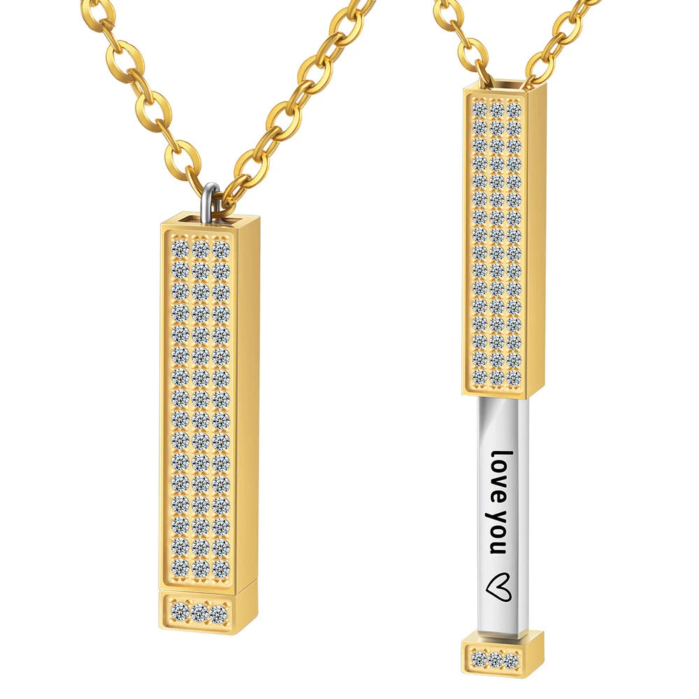 Custom Name Hidden Pendants for Women Personalized Stainless Steel Bar With Zircon Necklace Engraved Lover Valentines Gifts