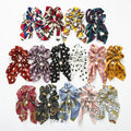 Wholesale New Fashion Pearl Pendant Hair Accessories Flower Print Ribbon Silk Satin Hair Scarf Hair Bows Scrunchies for Women