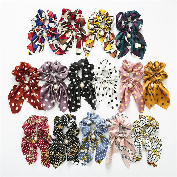 Wholesale New Fashion Pearl Pendant Hair Accessories Flower Print Ribbon Silk Satin Hair Scarf Hair Bows Scrunchies for Women