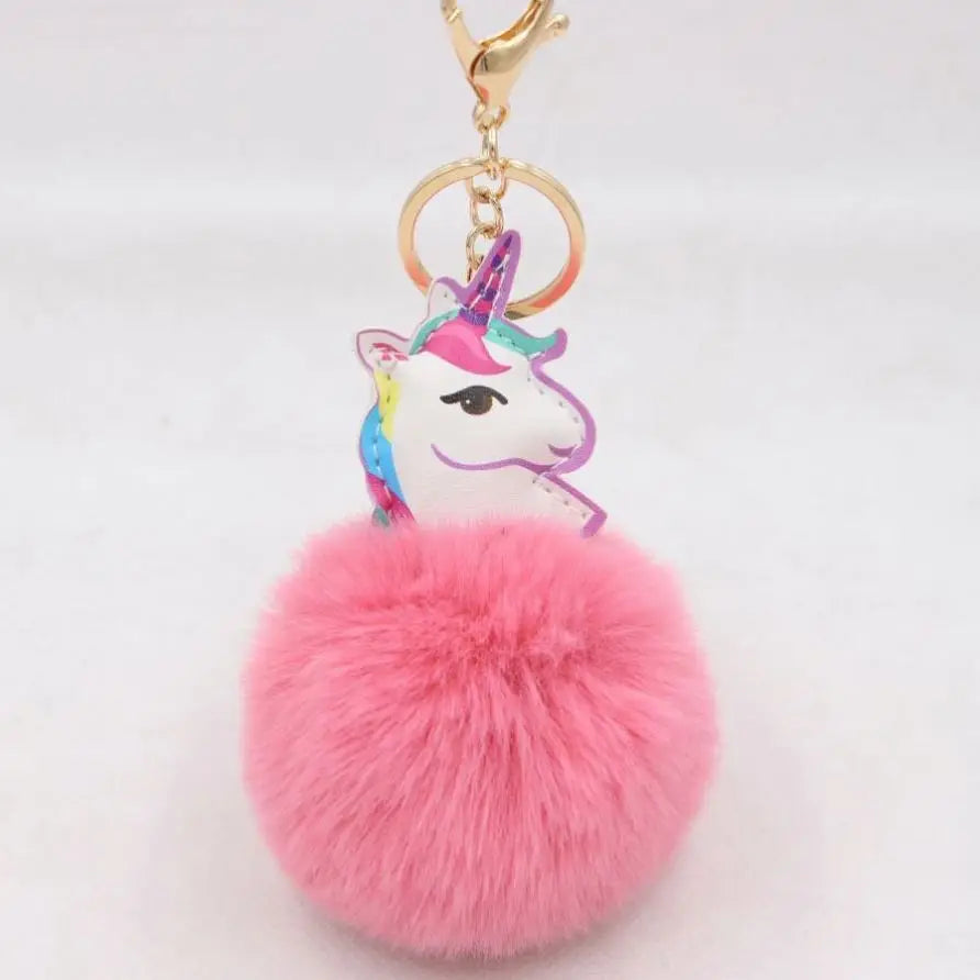 Fashion Cute Unicorn Pom Pom Puff Ball Keychain Faux Fur Fluffy KeyRing Fuzzy Charm Accessories Plush Unicorn Keychain for Women