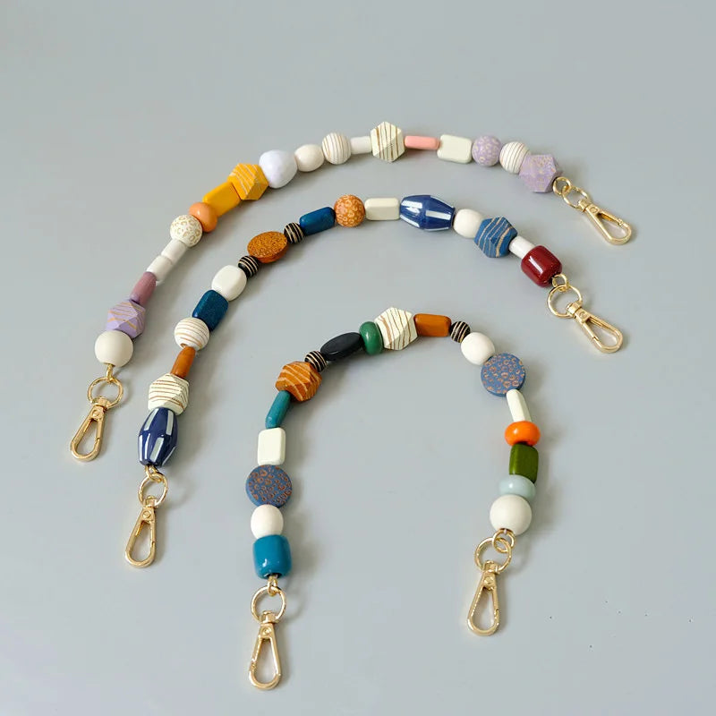 Boho Wooden Beads Lanyard Phone Chain Bag Short Strap Handmade Versatile Mobile Phone Charm Strap Bag Accessories Resin Chain