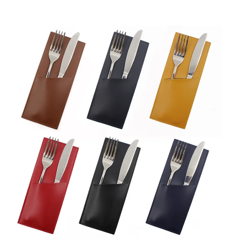 Portable Tablewares Cutlery  Case PU Leather Cutlery Holder Washable Cutlery Pouch