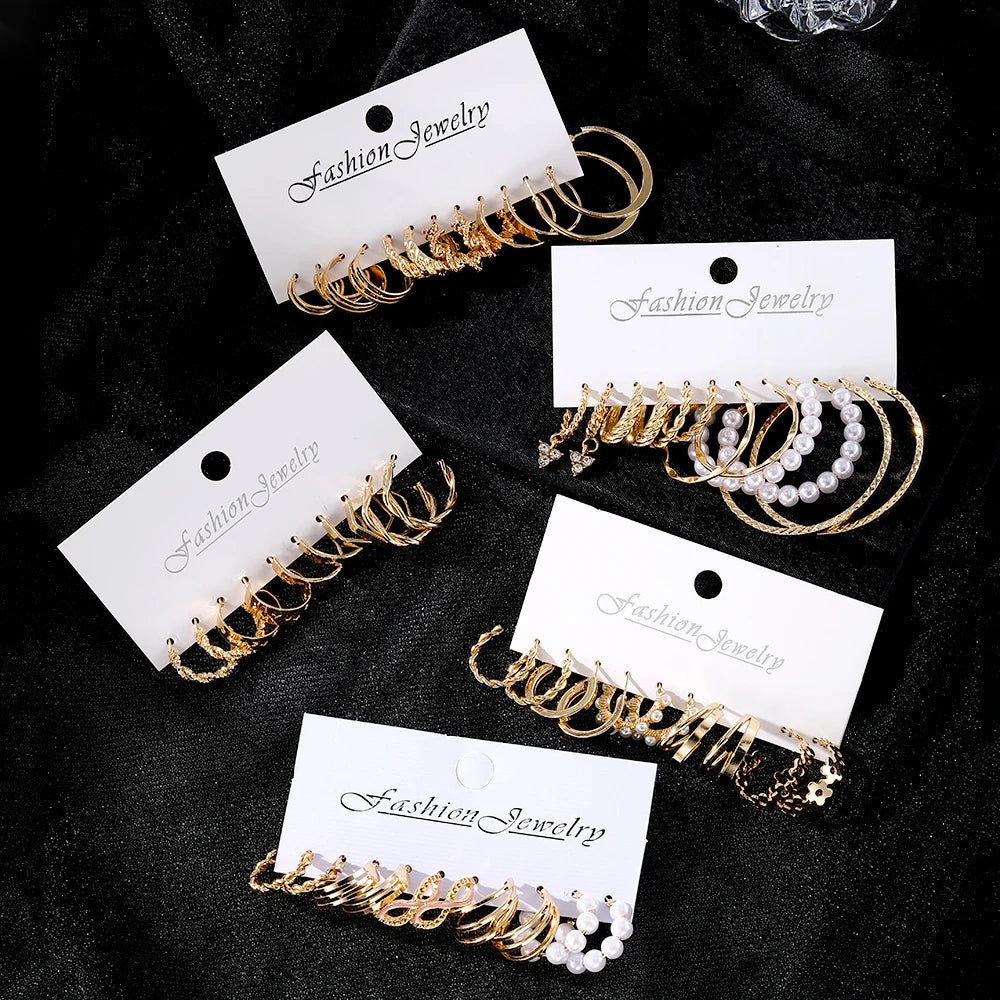 Customs Wholesale Fashion Trendy Pearl Hoop Earring for Women Jewelry Set Statement Gold Plated Clip on Stud Dop Earrings Set