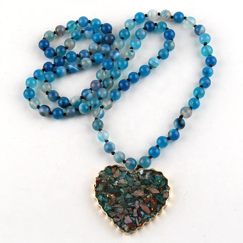 Fashion Bohemian Knotted Jewelry 8mm Beautiful Natural Stone Necklace Love Heart Chip Stone Pendant Necklace