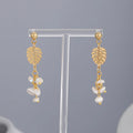 New Arrival Leaf Pearl Charm Pendant Stud Earrings 18K Gold Plated Stainless Steel Pearl Long Earring