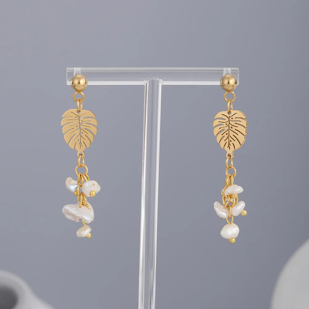 New Arrival Leaf Pearl Charm Pendant Stud Earrings 18K Gold Plated Stainless Steel Pearl Long Earring