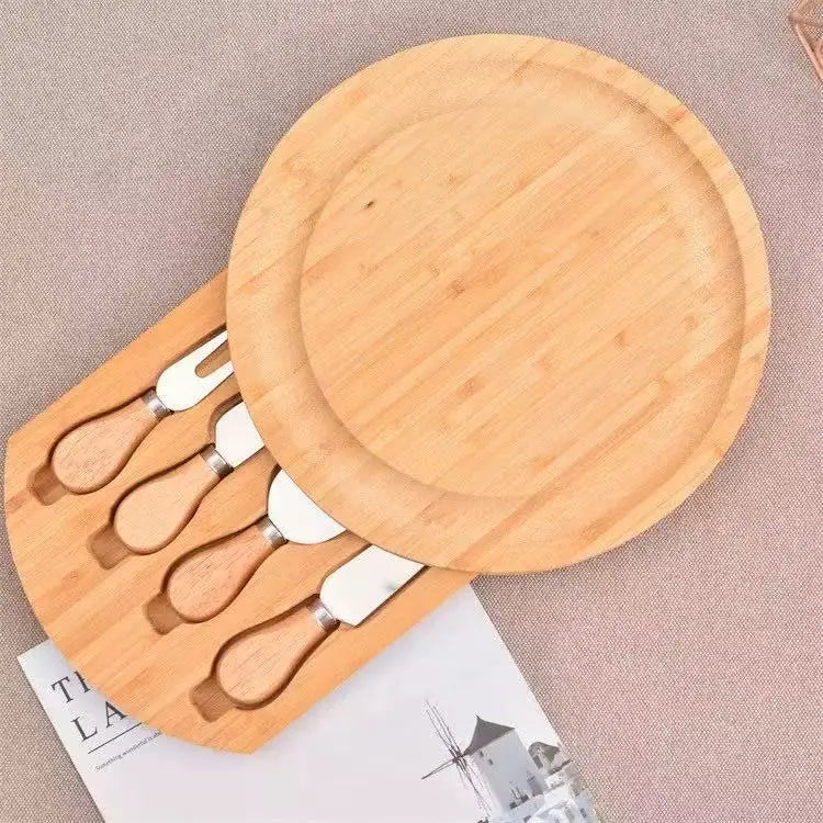 Bamboo Cheese Board Set with 4 Knives Round Wooden Serving Platter for Charcuterie Cheese Fruit