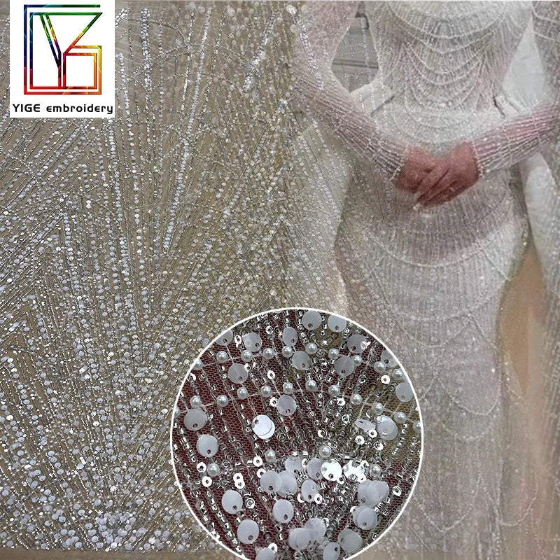 Luxury Bridal Beaded Embroidered Fabric White Wedding Dress Pearls Sequins Tulle Lace French Laces Fabrics for Women