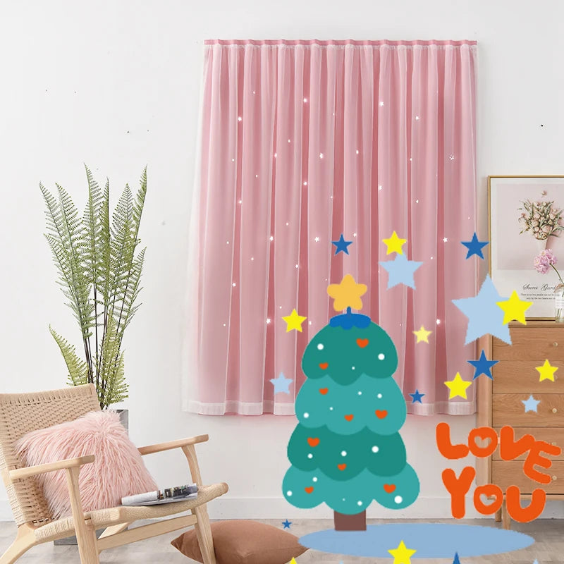 Hot Sell New Curtain Lovely Princess Cheap Ready Magic Tape Hollow Star Pink Blackout Curtains for Girls Room
