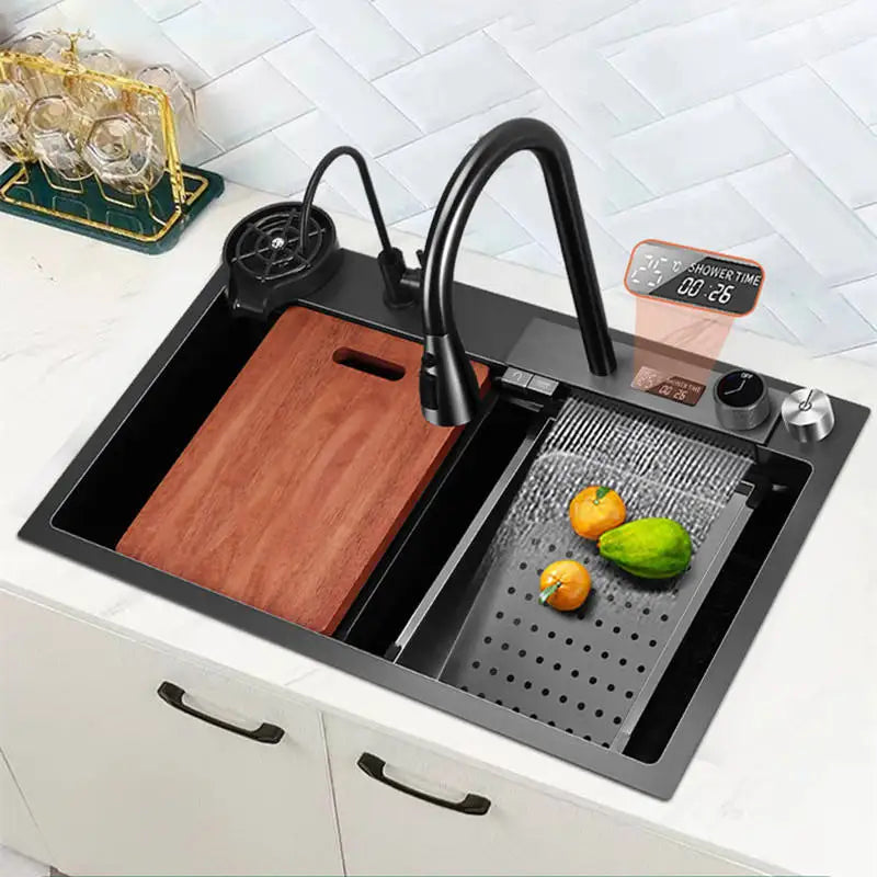 Gray Sink  Layer Step Slide Rail Design Shark Out of Water Thicken Digital Display Temperature Raindance Waterfall Faucet