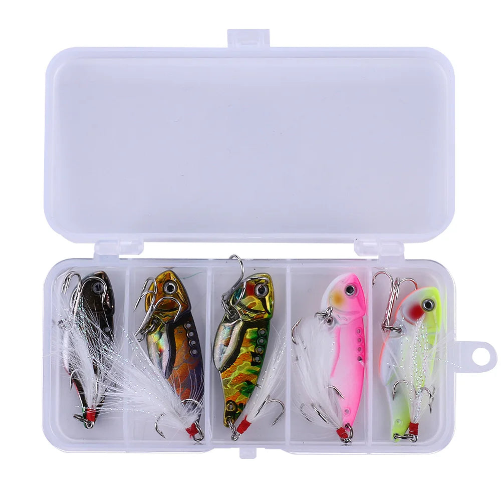 HENGJIA Box Fishing Baits VIB Fishing Lures 55mm 11g Set 5pcs/box Feather Hook Fishing Baits Rock Sea Bass Waters
