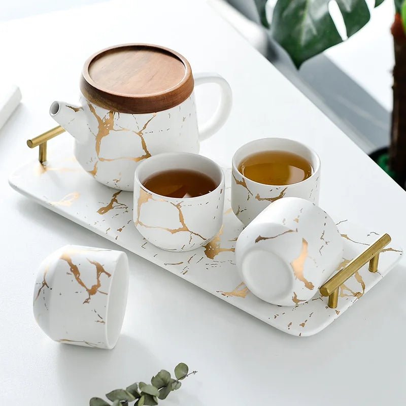 Light Luxury Gold Painted Marble Pattern Flower Tea Set Nordic Set Afternoon Tea Tea Set Gift Box Packaging Ceramic Tray