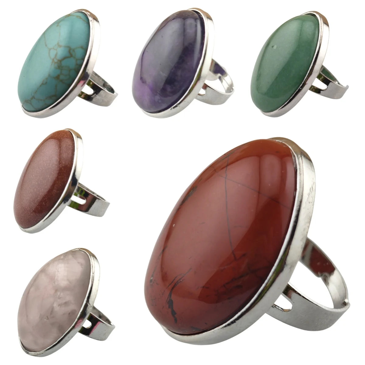 New Design Luxury Big Round Gemstone Rings for Women Girls Sliver Plated Fashion Adjustable Crystal Rings