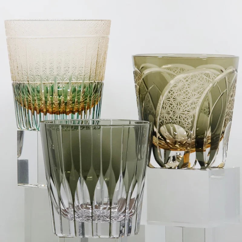 11 oz Luxury Japanese Edo Kiriko Engraved Glass Whiskey Tumbler Old Fashioned Purple Amber Iced Rocks 320ml with Gift Box