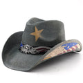 2025 Vintage Western Cowboy Hats Blue Star American Flag Straw Cowgirl Western Hat With Eagle Badge