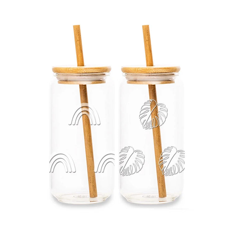 New Design Custom Private Label Rainbow Leaf Sun Pattern 550ml 16oz Can Shape Glass Tumbler Cup with Bamboo Lid and Straw