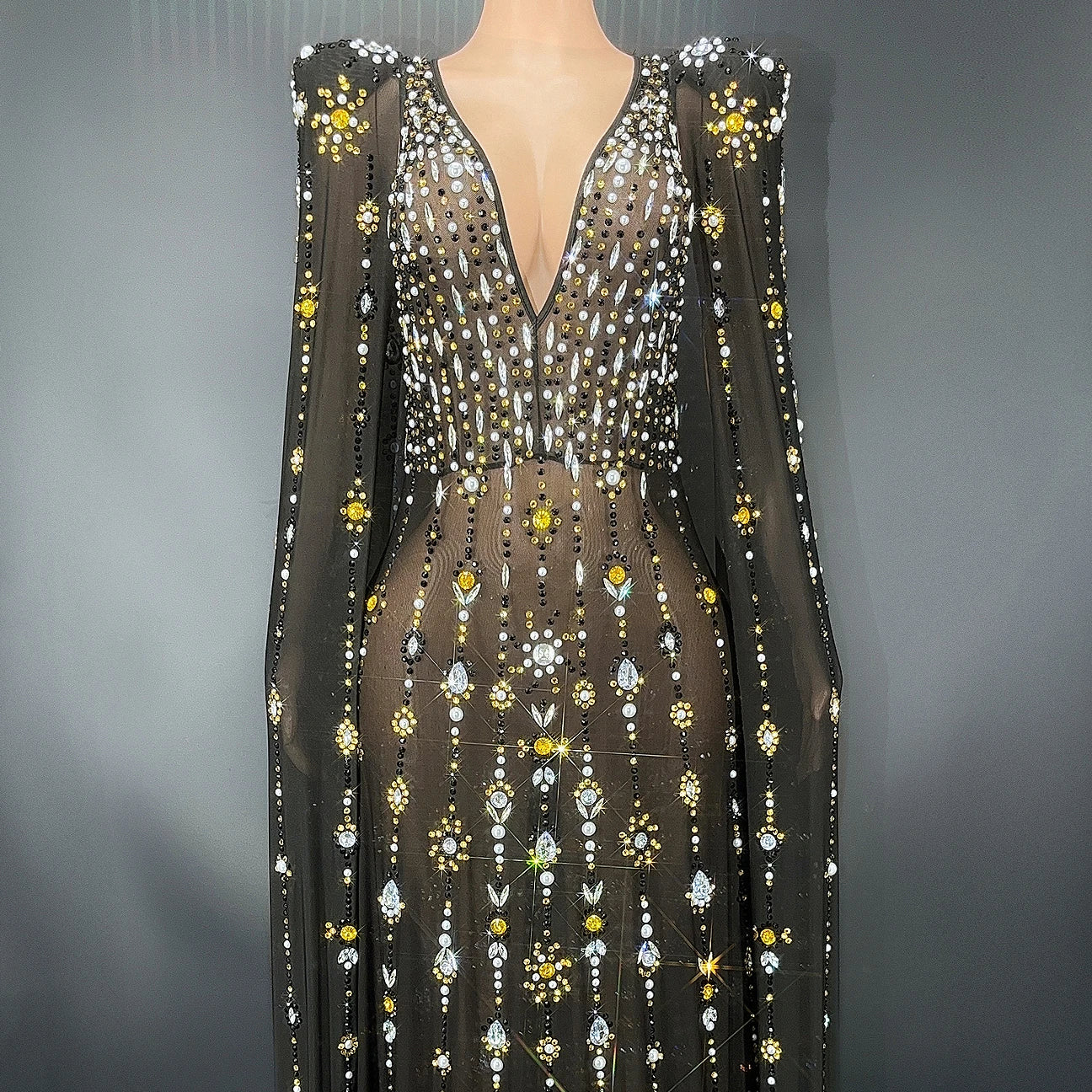 Singer Shiny Stage Show Sexy Black Diamond Performance Wear Banquet Vestidos De Fiesta Vintage Evening Dresses
