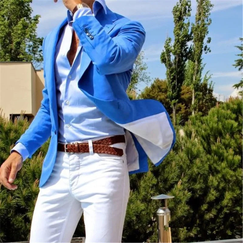 Custom Made 2025 New Design Summer Style Blue Coat White Pant Men Suits 2 Pieces(Jacket+Pants) Groom Tuxedo Men blazer Suit